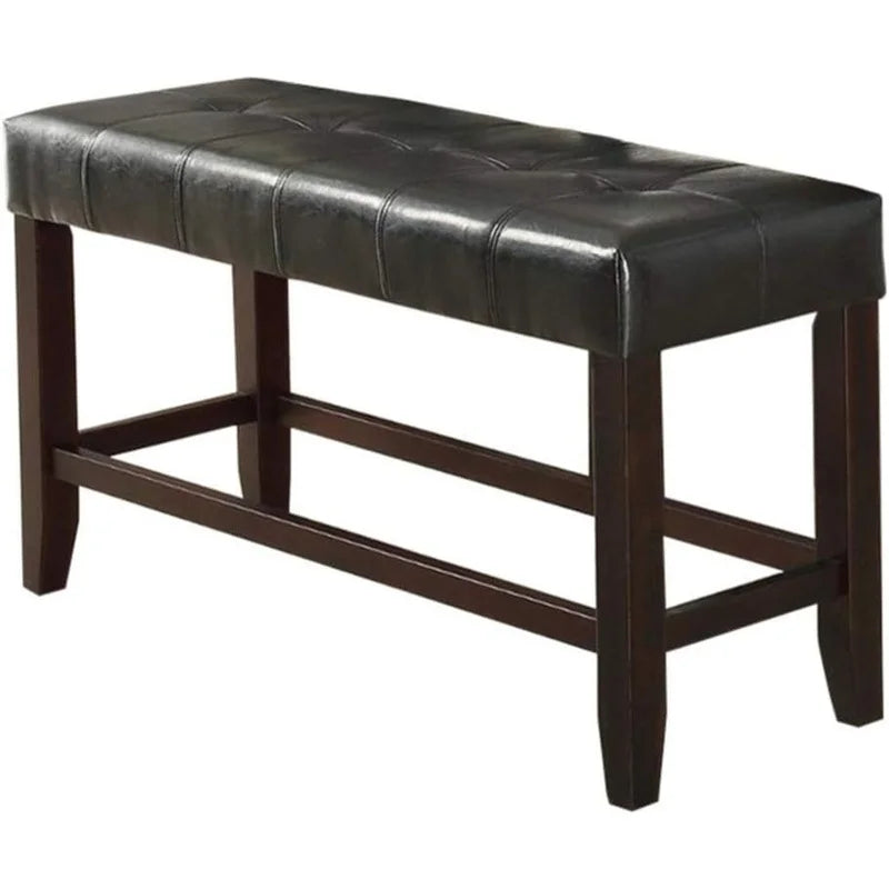 6pc Counter Height Dining Set with Storage Table, 4 High Chairs, 1 Bench, Black Faux Leather Tufted Seats, Faux Marble Top