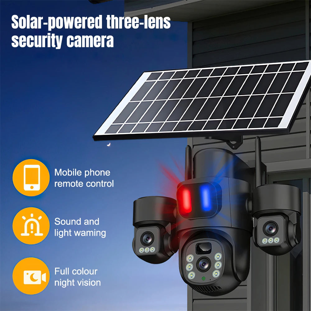 Solar Powered 3 Lens Security Camera Wireless WiFi PTZ Camera 3 Screen Full Color Night Vision Motion Detection Sound Light Alarm Outdoor Surveillance Camera