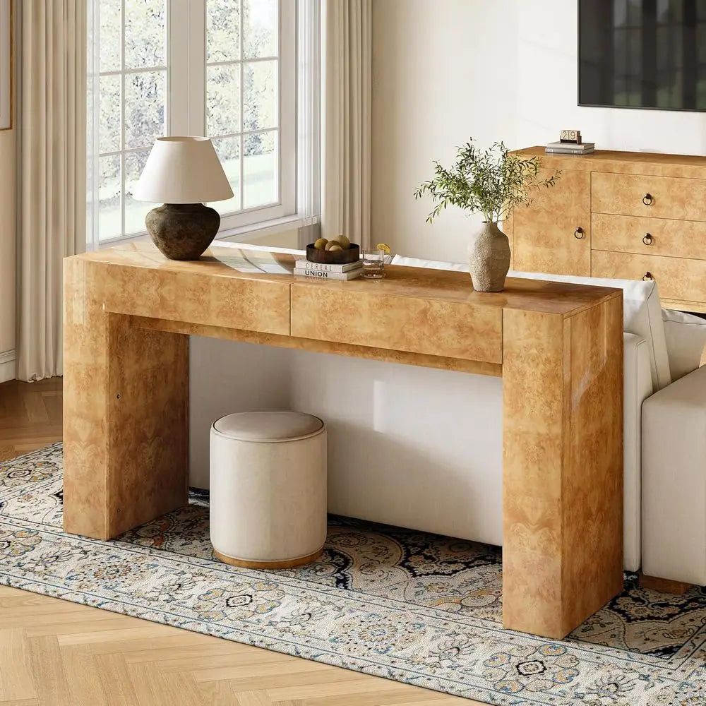 63 Modern Burl Wood Entry Table with 2 Drawers, Ideal for Sofa Back or Foyer, Suitable for Hallway and Living Room, Natural Fini