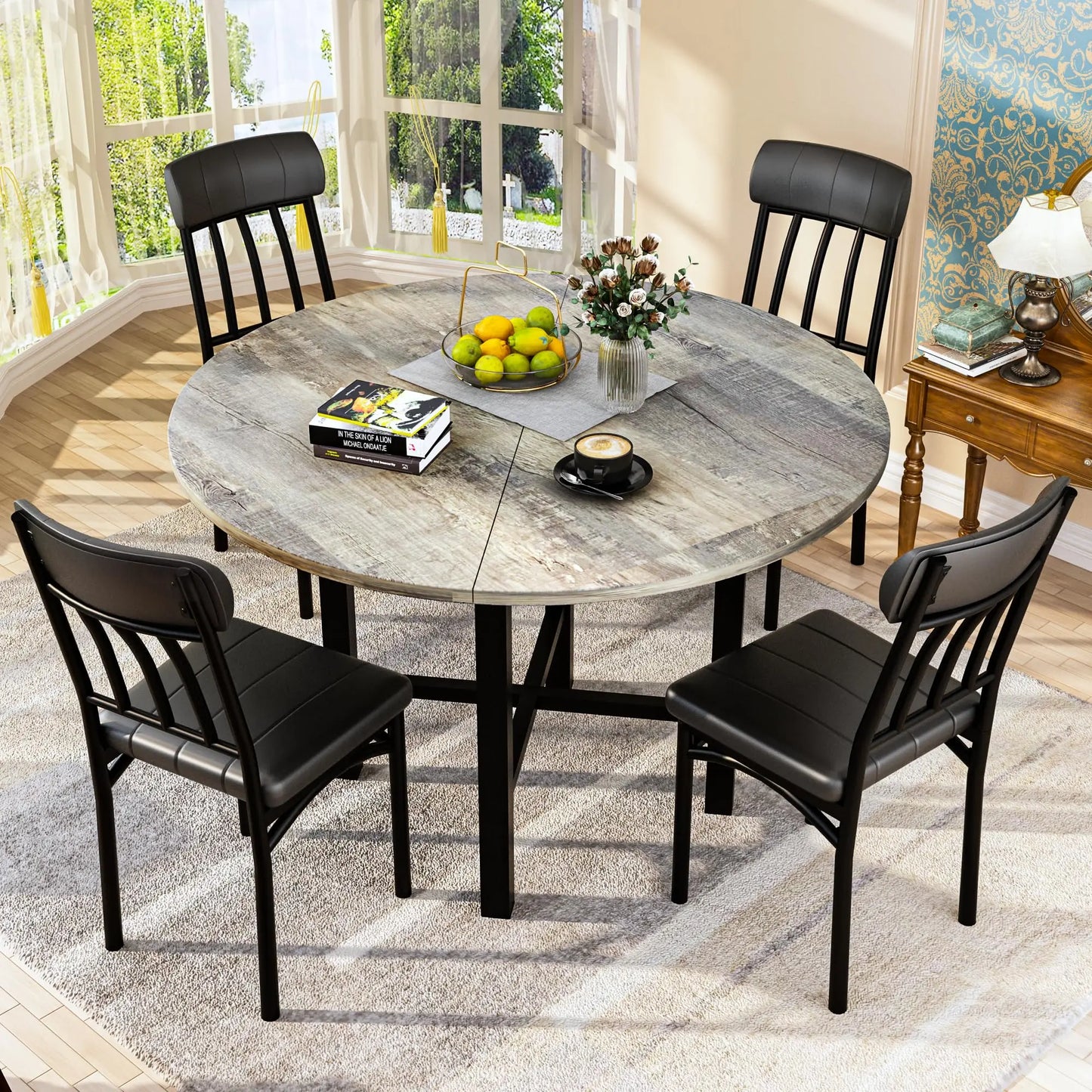Round Dining Table Set for 4, Wood Circle Kitchen Table and Chairs Set for 4, Modern Dining Room Sets, Customized