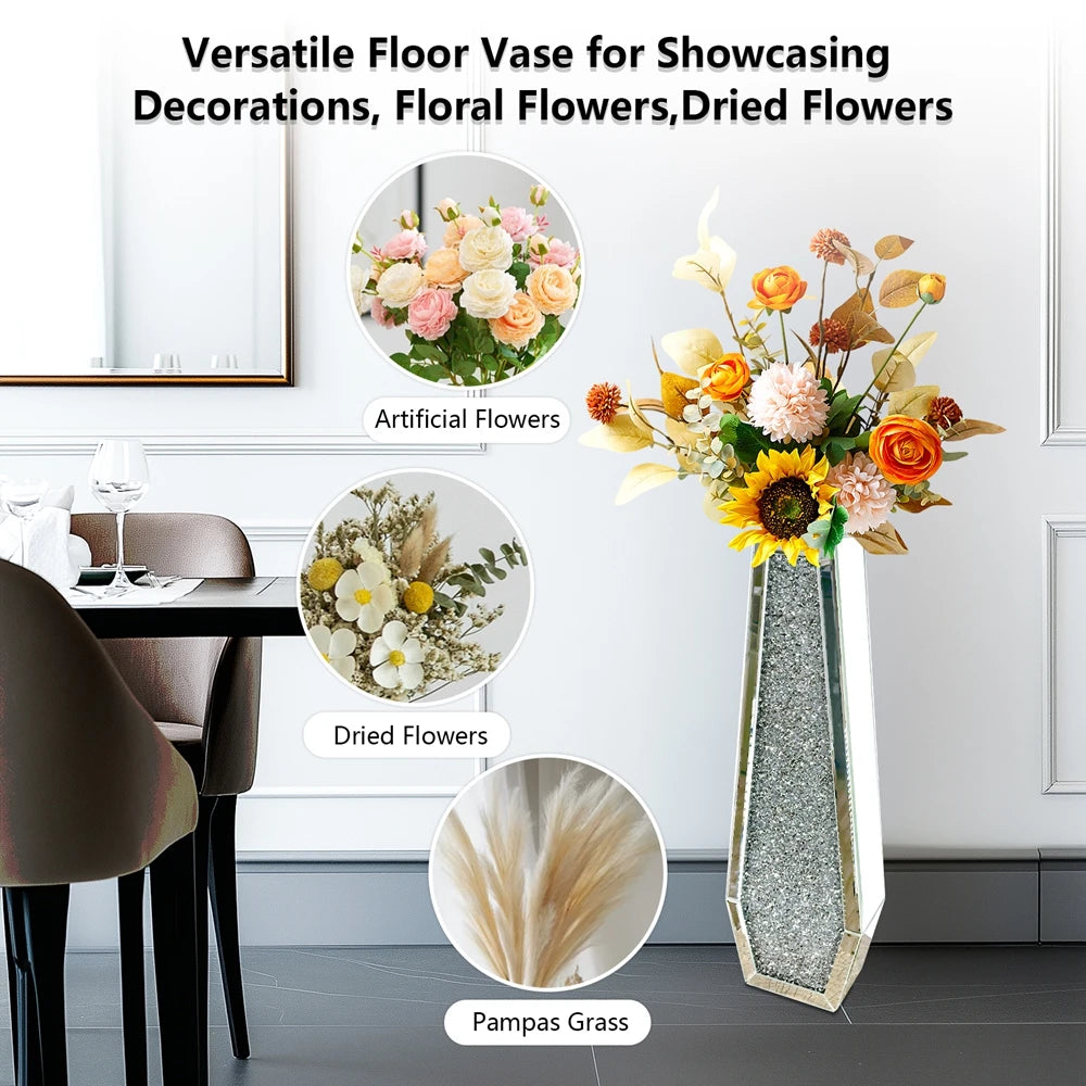 Luxury Crushed Diamond Mirrored Floor Flower Vase Silver Glass Vase