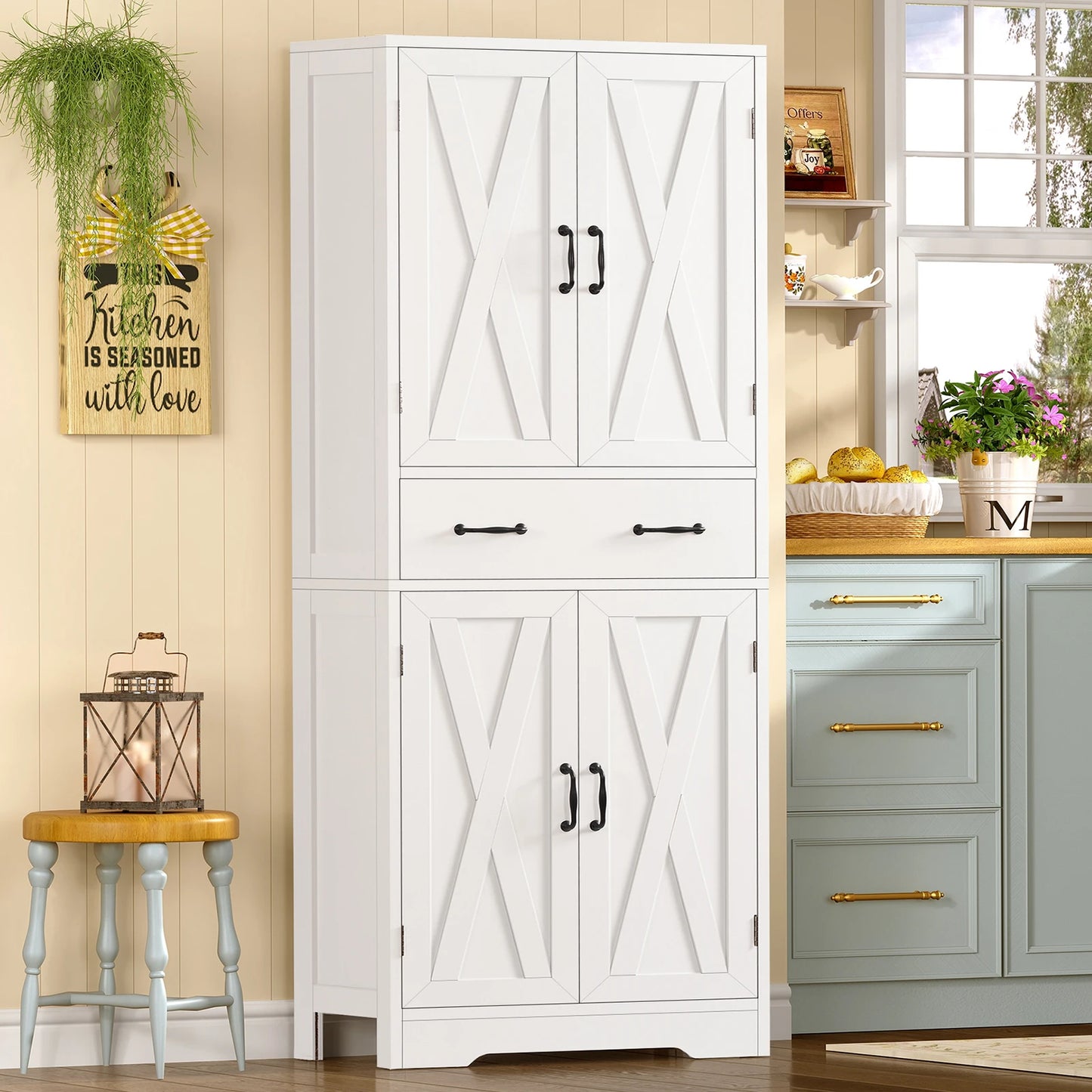 Tall Storage Cabinet with 4 Doors & 1 Large Drawer, Kitchen Pantry Cabinet , for Living Room, Kitchen, Bathroom, White