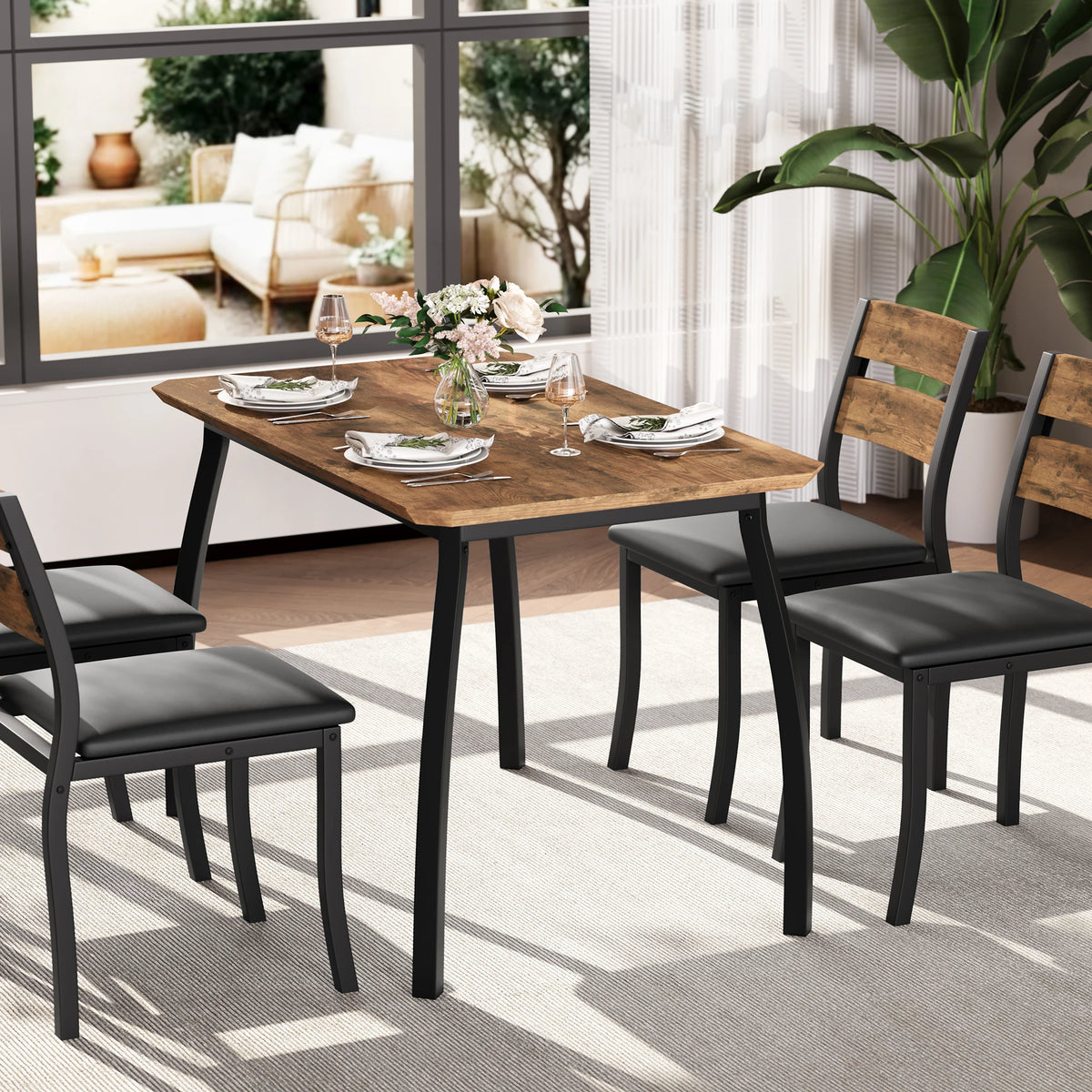 Square Dining Table Set for 4,5-Piece Kitchen Table Set,Farmhouse Compact Kitchen Table with 4 Upholstered Chairs & Metal Frame, Perfect for Small Spaces, Kitchens & Dining Rooms