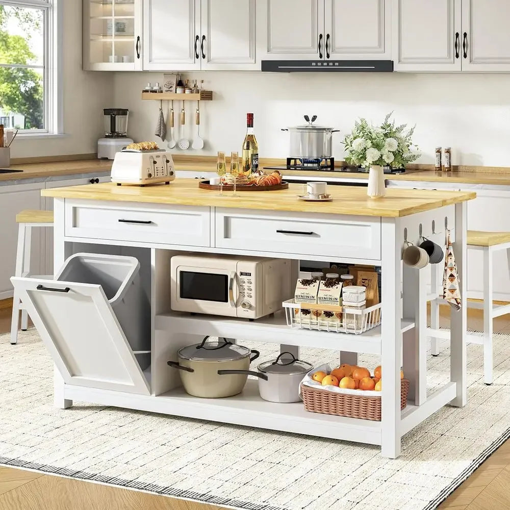 Kitchen Island with Storage and Seating Include 2 Bar Stools, 47" Solid Rubberwood Top Kitchen Island with Trash Can Storage, Po