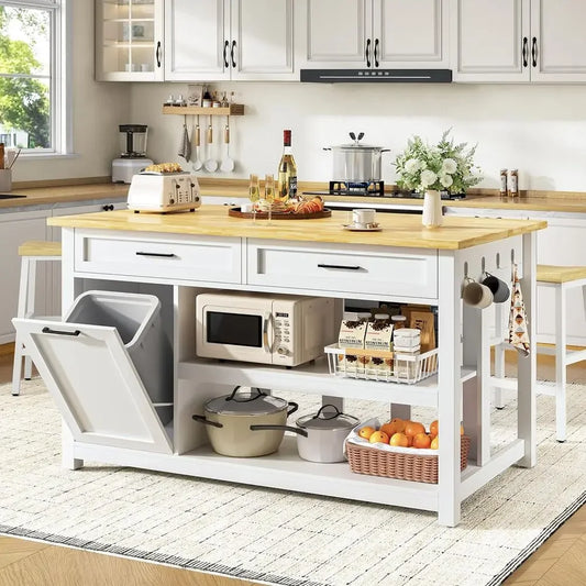 Kitchen Island with Storage and Seating Include 2 Bar Stools, 47" Solid Rubberwood Top Kitchen Island with Trash Can Storage, Po