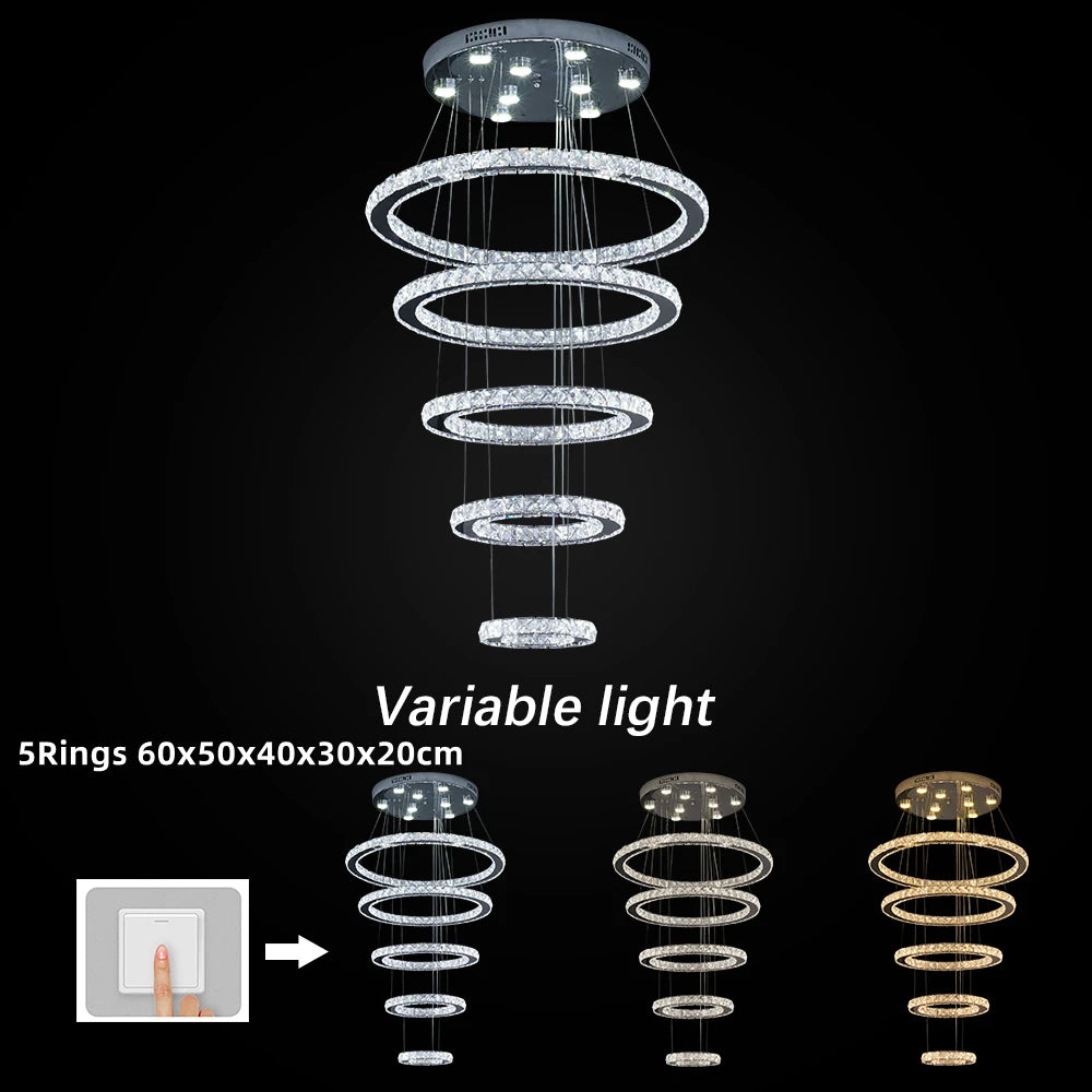 Modern Crystal Chrome Led Pendant Light Fixture Rings Adjustable Chandelier Dimming Lamp  for Living Room Bedroom Hanging Lustre