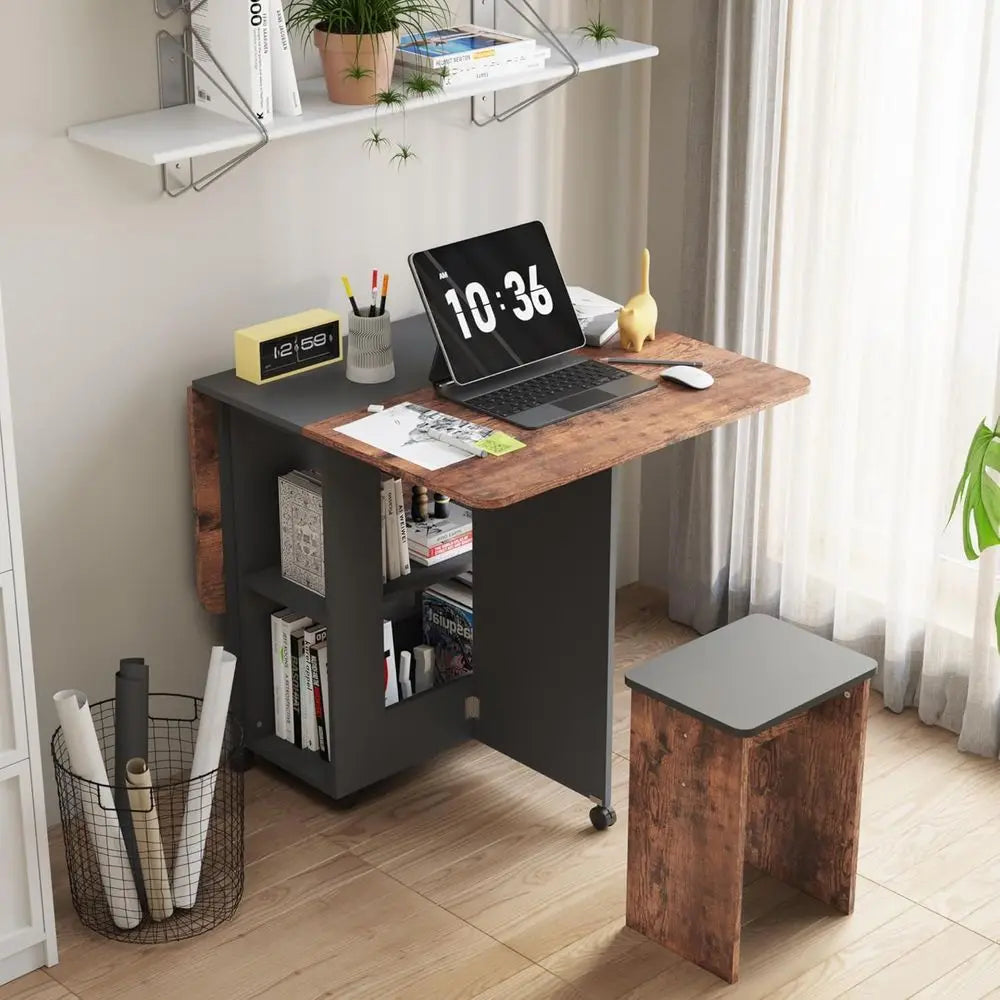 Space-Saving 4-Piece Dining Set with Drop Leaf Table and Chairs, Storage and Wheels, Rustic Brown & Black Kitchen Dining
