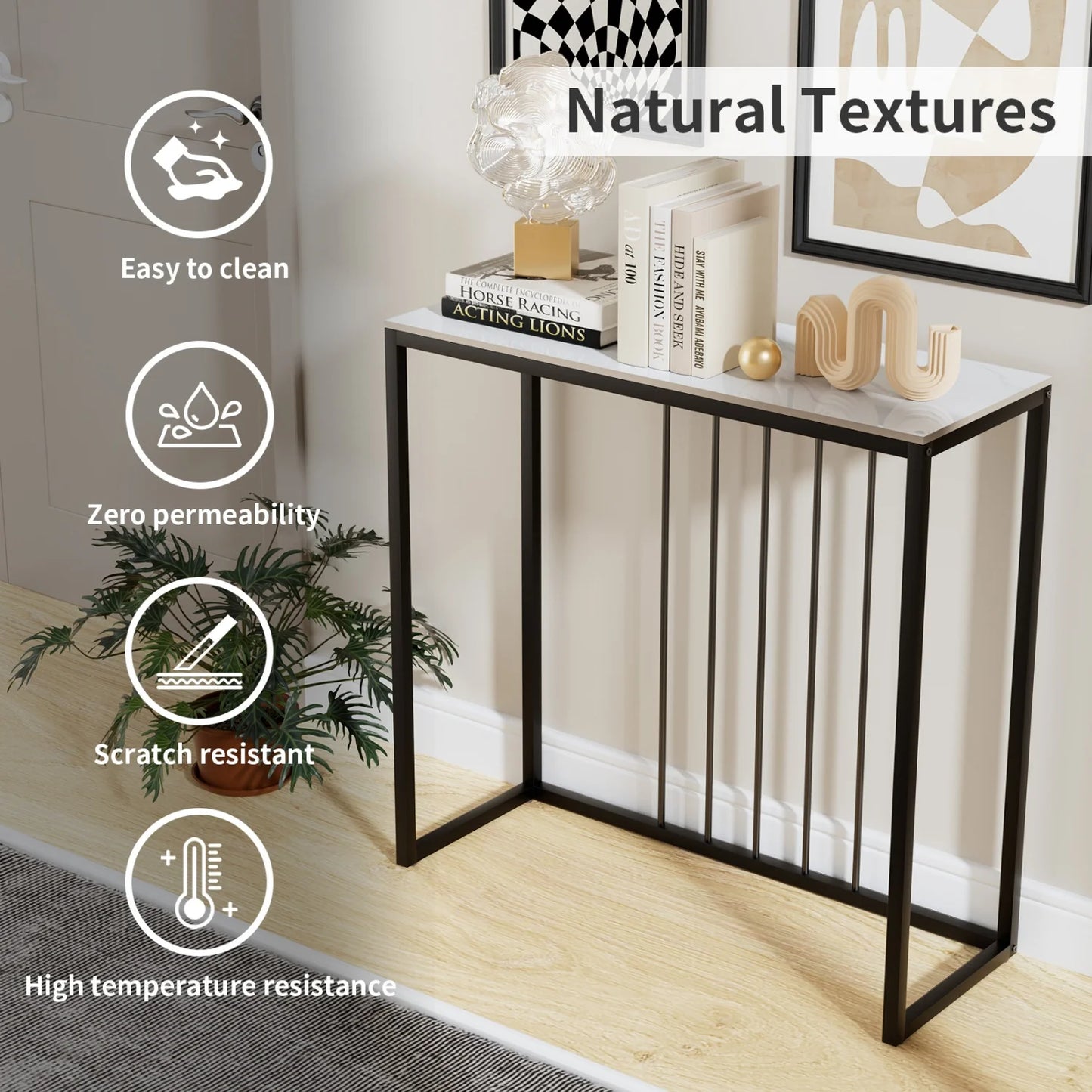 80cm Rectangle Console Table for Entryway Entrance Living Room Black Metal Frame Sofa Side Table Behind Couch