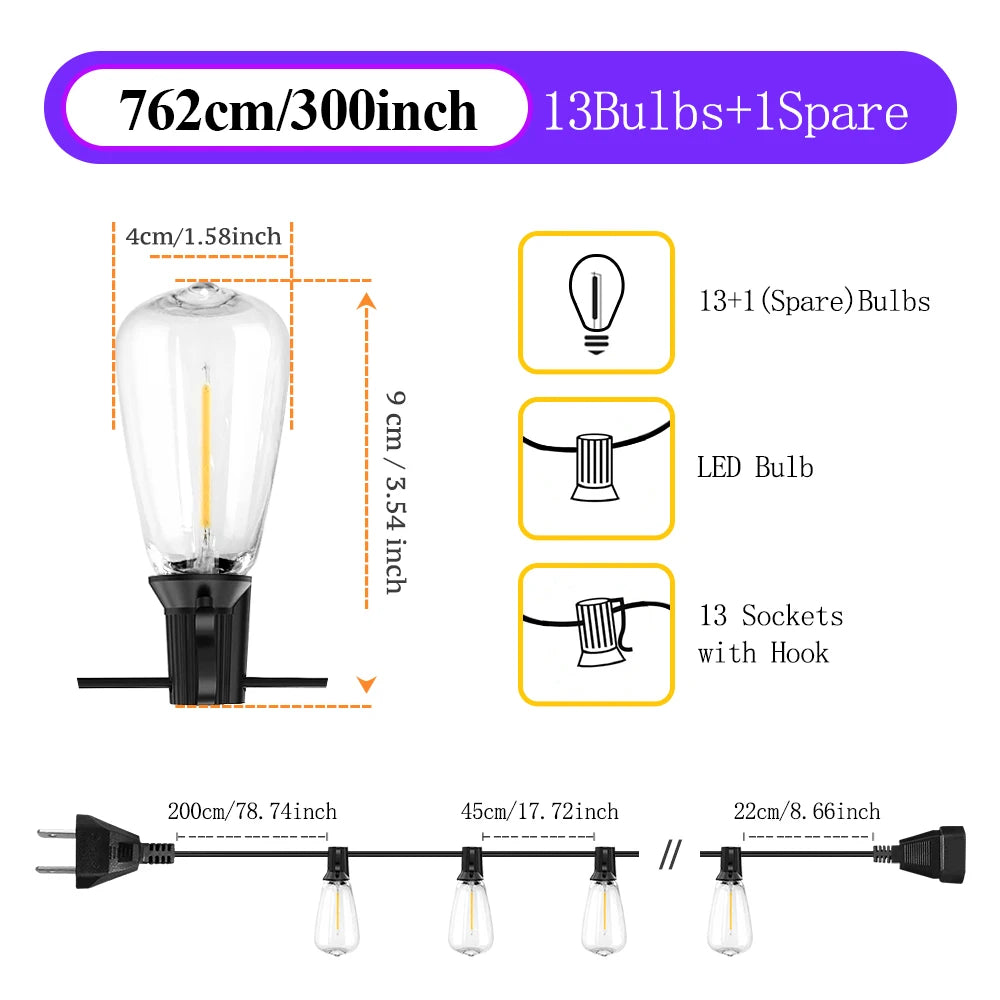 50ft/100ft/25ft LED Outdoor String Lights - 2200K, Shatterproof ST38 Bulbs, Warm White for Garden, Porc