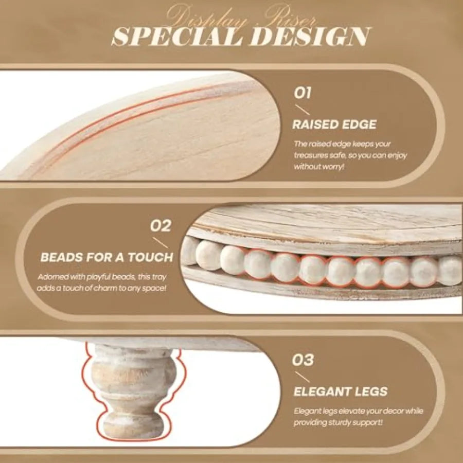 Round Pine Wooden Display Riser Set of 2 for Home Decor - Beaded Pedestal Stand for Bathroom and Coffee Table - Decorative Tray
