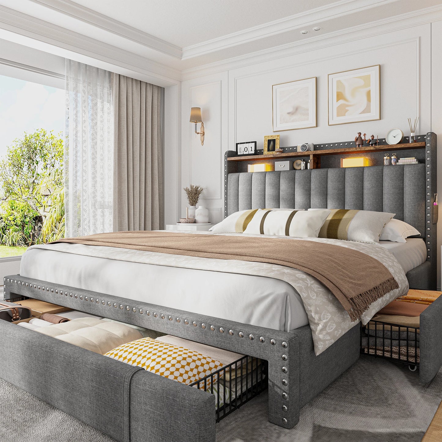 EnHomee Full/Queen/King Bed Frame with 3 Drawers & 2-Tier Storage Headboard,Upholstered Platform Bed Frame, No-Noise
