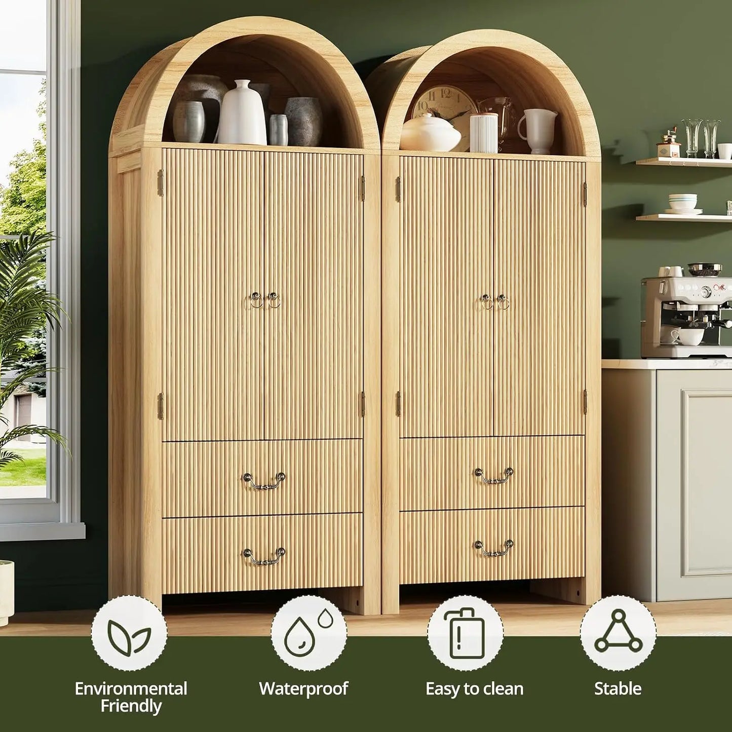 71" Arched Storage Cabinet with Fluted Doors, Tall Wood Pantry with Drawers & Adjustable Shelves, Natural Oak