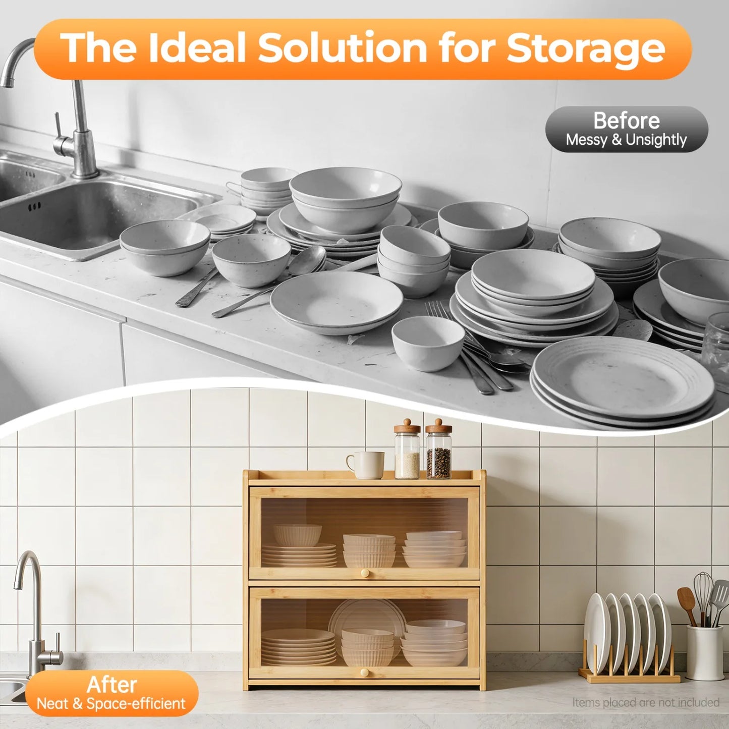 2-Tier Bamboo Storage Cabinet with Acrylic Doors,with Dustproof Design, Each Tier Bearing  About 33.07lbs, for Kitchen, Bathroom, Office