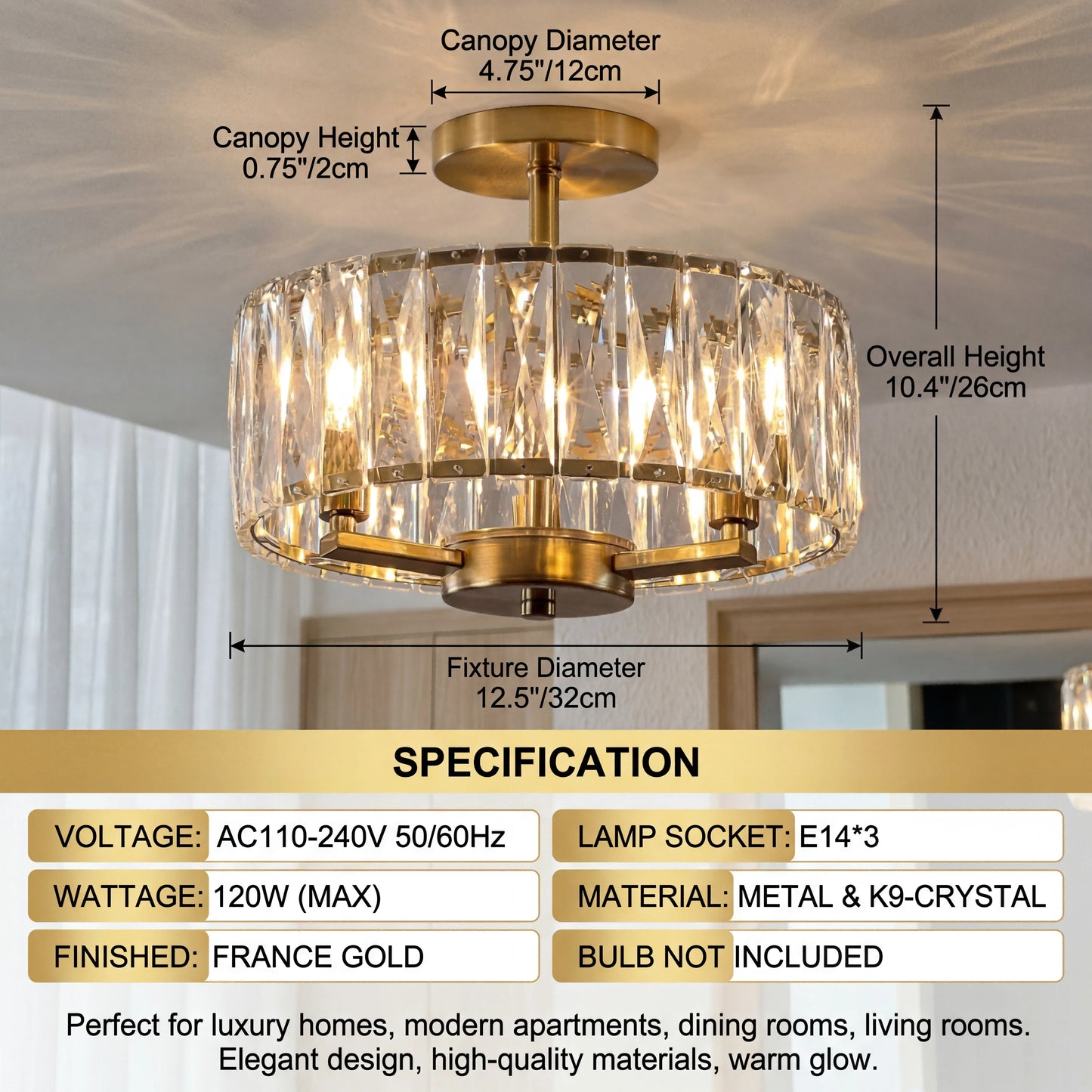 Modern Gold Ceiling Light, Round K9 Crystal Semi Flush Mount Fixture for Hallway Living Room Kitchen Island Dining Room Foyer