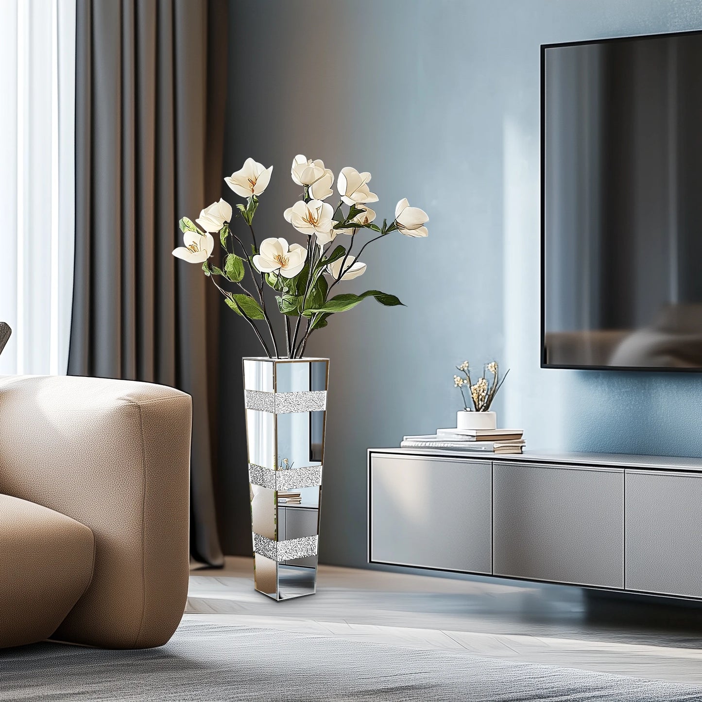 Tall Floor Flower Vase Crystal Diamond Decor Vase Mirrored Living Room Vase