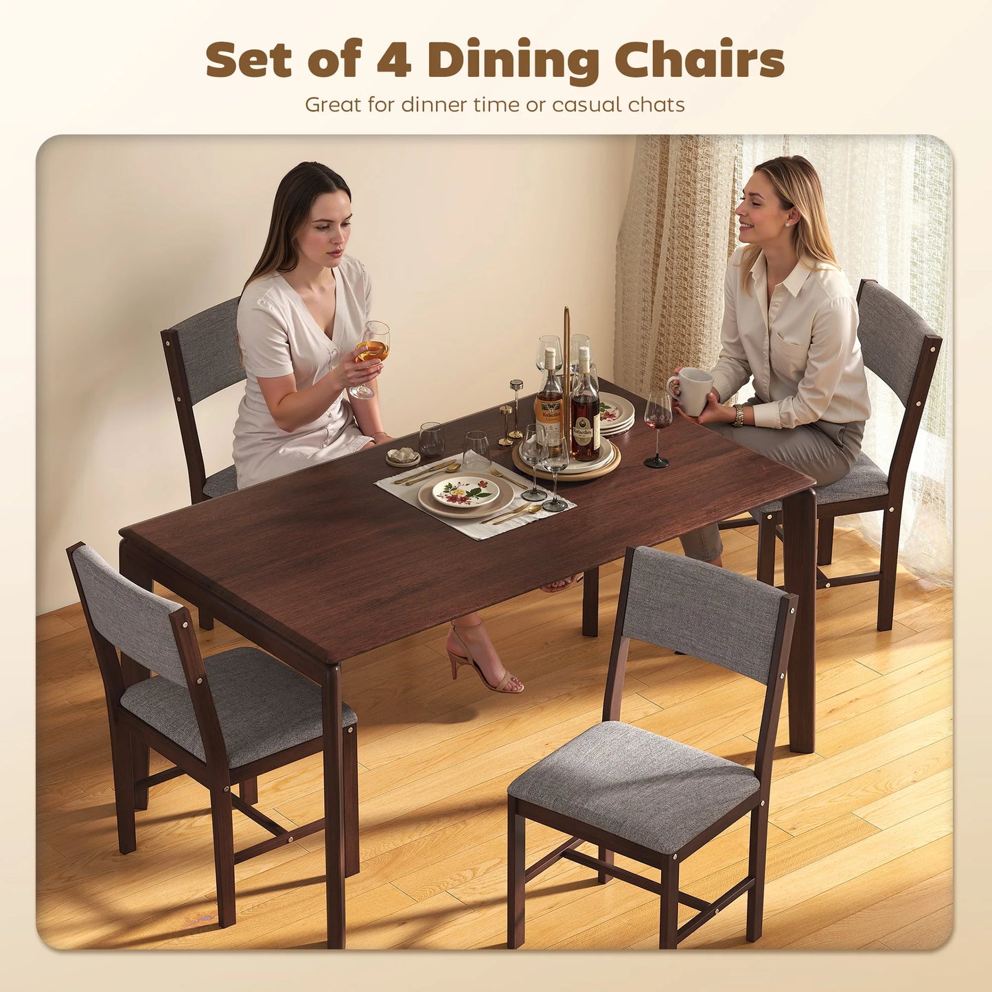HOMCOM Solid Wood Dining Chairs Set of 4, Linen Fabric Upholstered Kitchen Chairs for Dining Room, Living Room, Gray