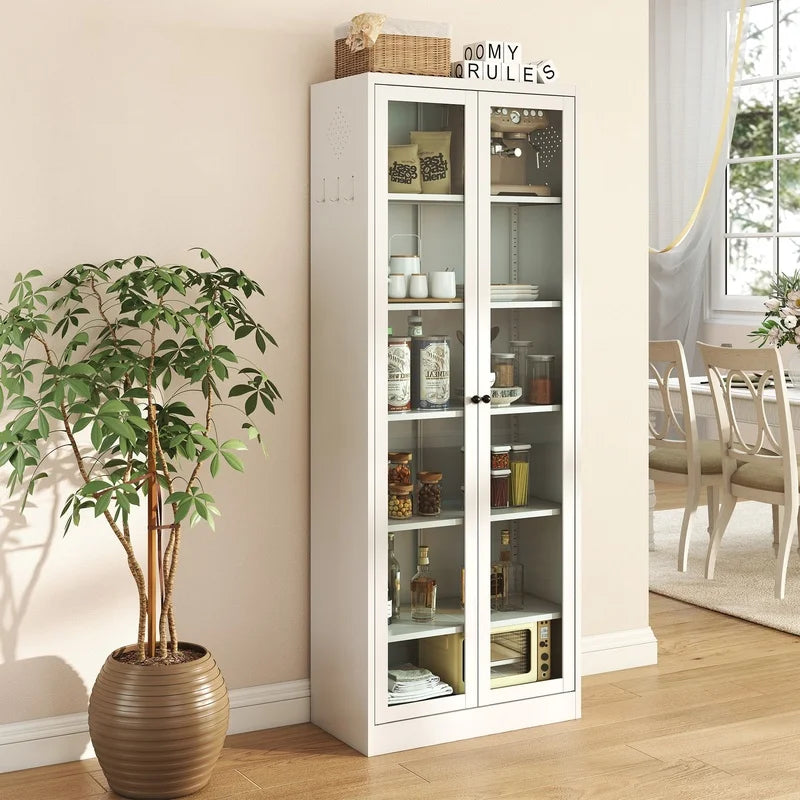 White 72" Freestanding Kitchen Pantry Cabinet with 5 Adjustable Shelves