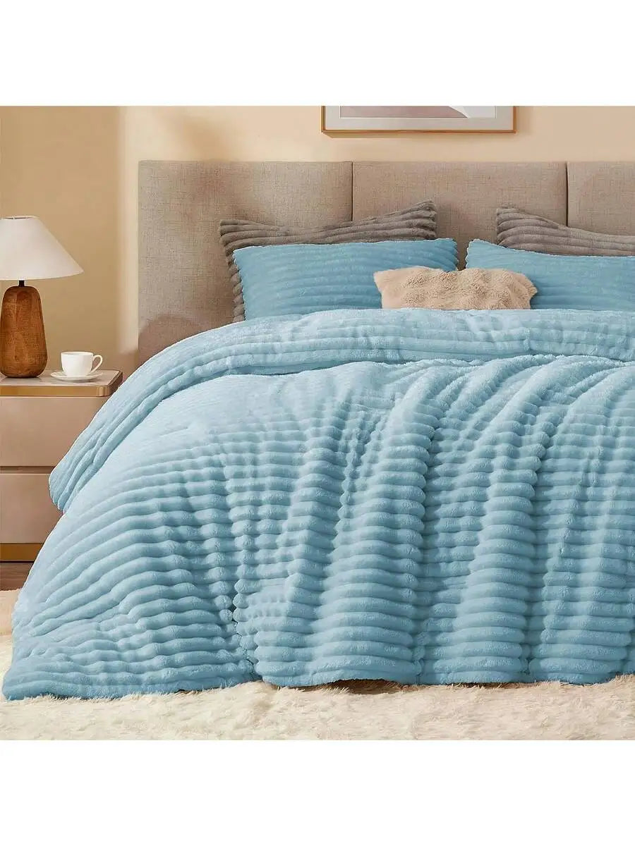 Fleece Comforter Set Super Soft Warm Fluffy Light Grey Bedding With 1 Pillowcase