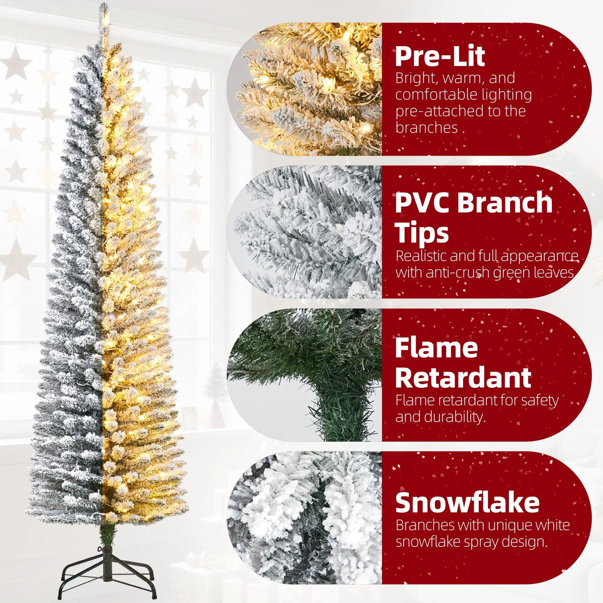 6/7.5ft Flocked Pencil Christmas Tree - Pre-lit Frosted Slim Artificial Tree, Space Saving Xmas Tree Holiday Decoration for Home, Full Prelighted Warm White LED Lights, Foldable Base, Easy Assembly