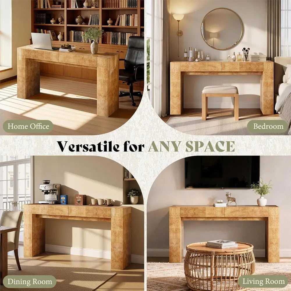63 Modern Burl Wood Entry Table with 2 Drawers, Ideal for Sofa Back or Foyer, Suitable for Hallway and Living Room, Natural Fini