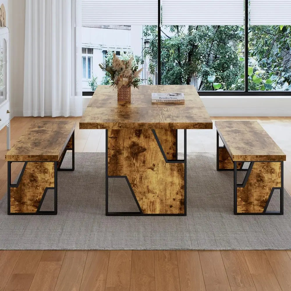 60 Solid Wood Dining Table Set for 6, Farmhouse Kitchen Table with 4 Upholstered Chairs amp Bench, 6Piece Dining Room amp Livin