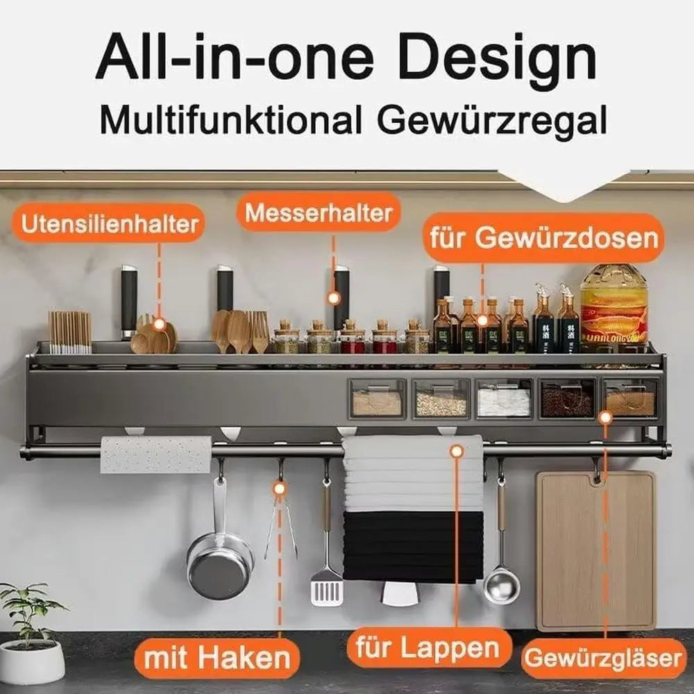 Metal Wall-Mounted Spice Rack with Utensil Holder and Paper Towel Storage for Kitchen Cupboards