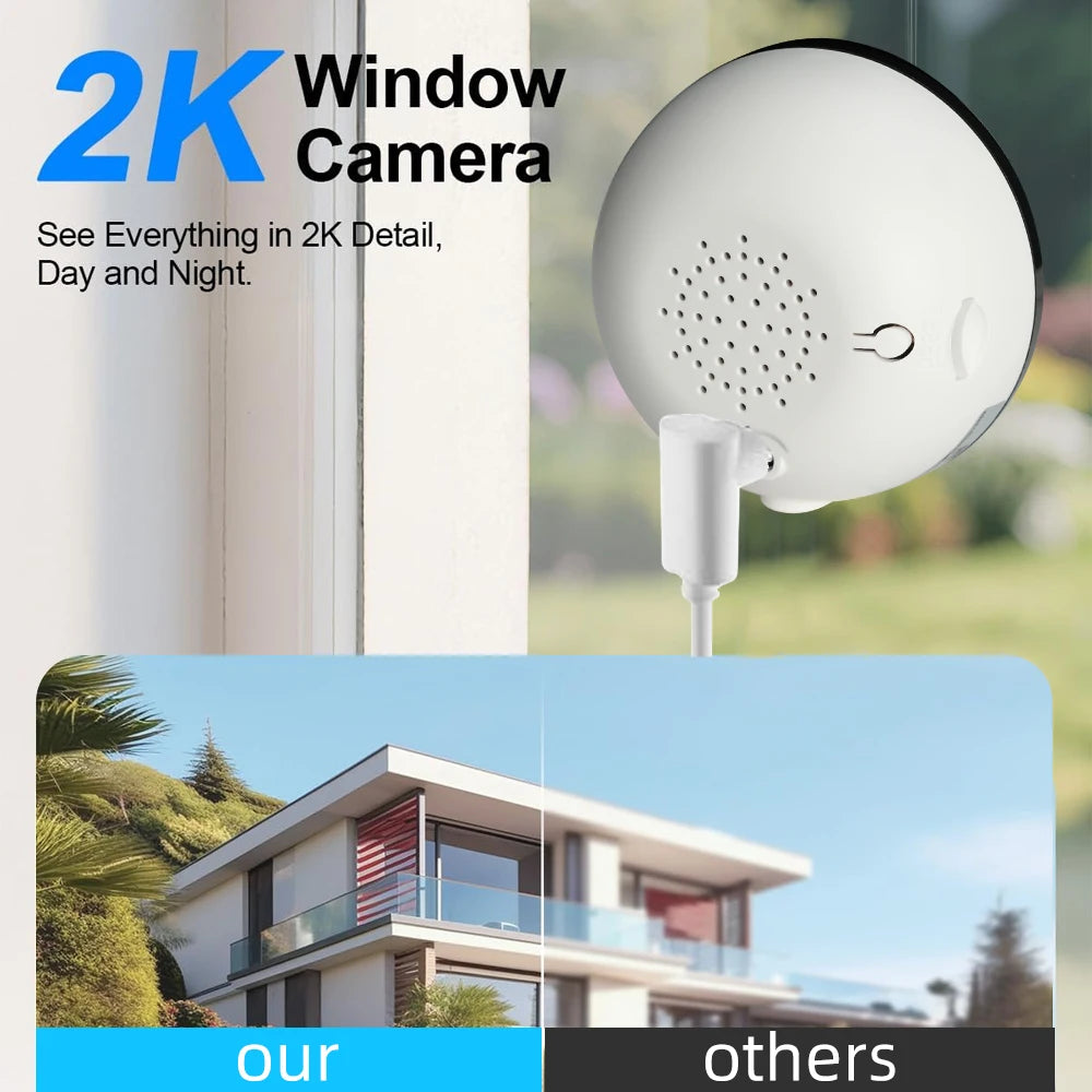 2K HD WiFi Window Security Camera 2.4G Wireless Indoor Surveillance Cam Two Way Audio Night Vision Motion Detection Support 128GB SD Card Easy Adhesive Installation Home Monitor Camera