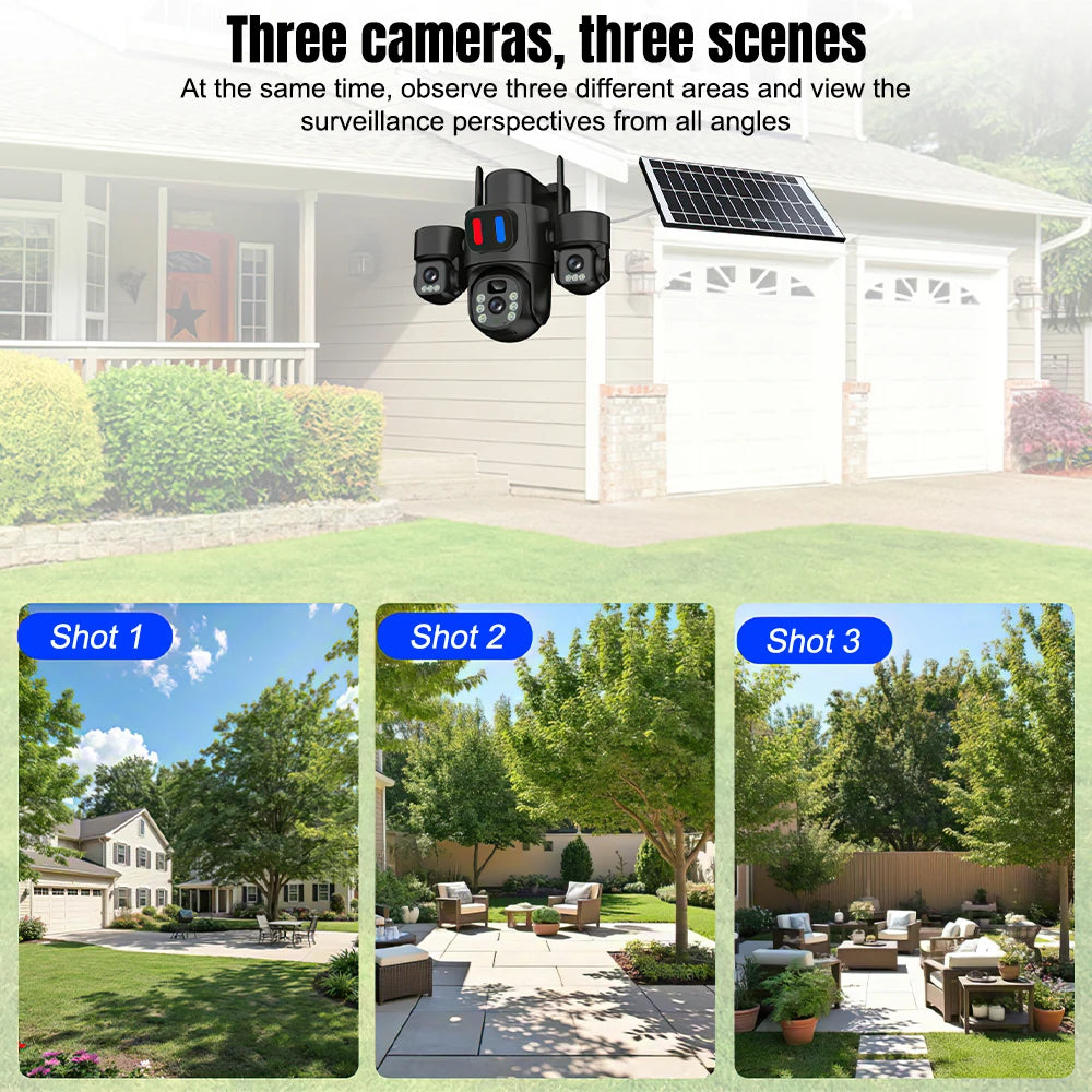 Solar Powered 3 Lens Security Camera Wireless WiFi PTZ Camera 3 Screen Full Color Night Vision Motion Detection Sound Light Alarm Outdoor Surveillance Camera