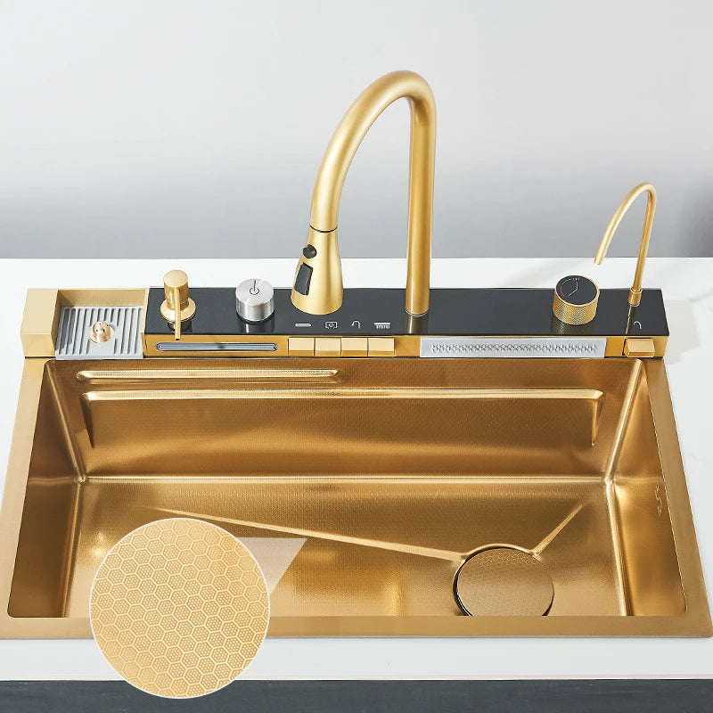 Stainless Steel Kitchen Sink with Faucet 75*45cm Large Single Bowl Digital Display Dish Basin Sink Waterfall Hot Cold Faucets