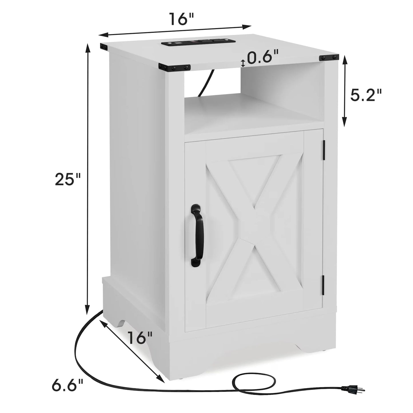 Farmhouse Nightstand with Charging Station, White Bedside Table with 2 USB Ports & Outlets, Wooden End Table with Storage for Bedroom