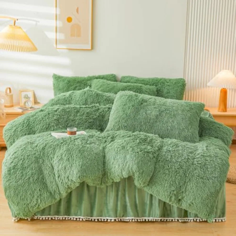 Fluffy Faux Fur Comforter Cover Set Fluffy Fuzzy Plush Bedding 3Pcs 1 Faux Fur Duvet Cover +2 Fuzzy Pillowcases Fluffy Bed Set