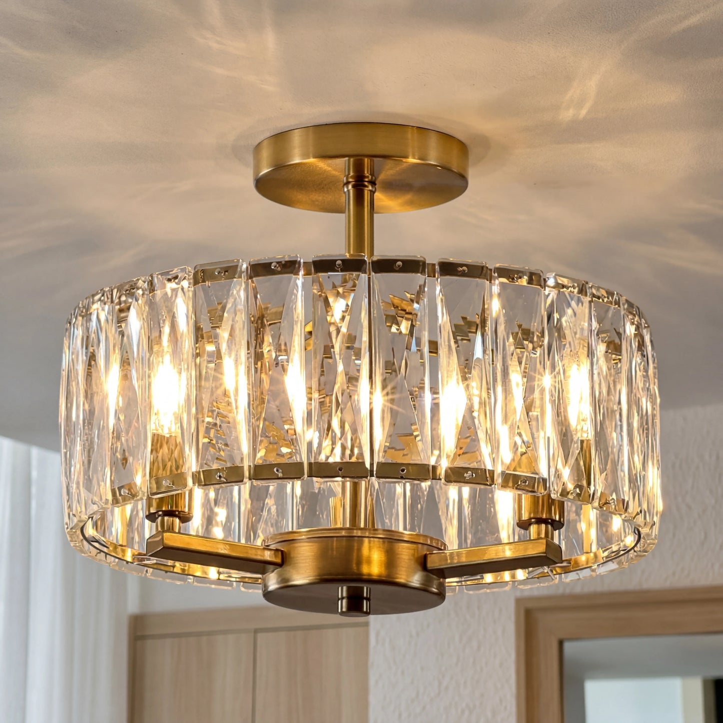 Modern Gold Ceiling Light, Round K9 Crystal Semi Flush Mount Fixture for Hallway Living Room Kitchen Island Dining Room Foyer