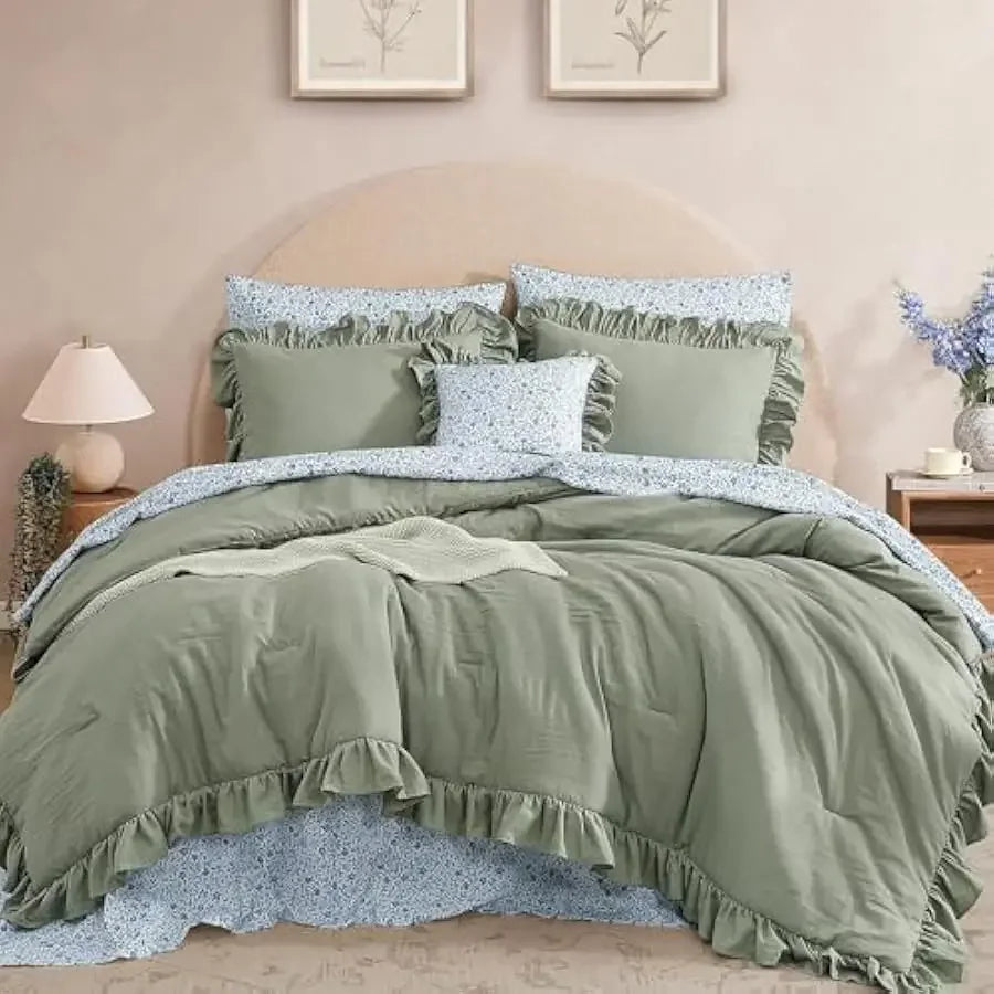 BLOOMHAVEN Queen Comforter Set - 7 Pieces Ruffle Sage Green Bedding Sets, Shabby Chic Farmhouse Bed in a Bag Queen with Ruffle C