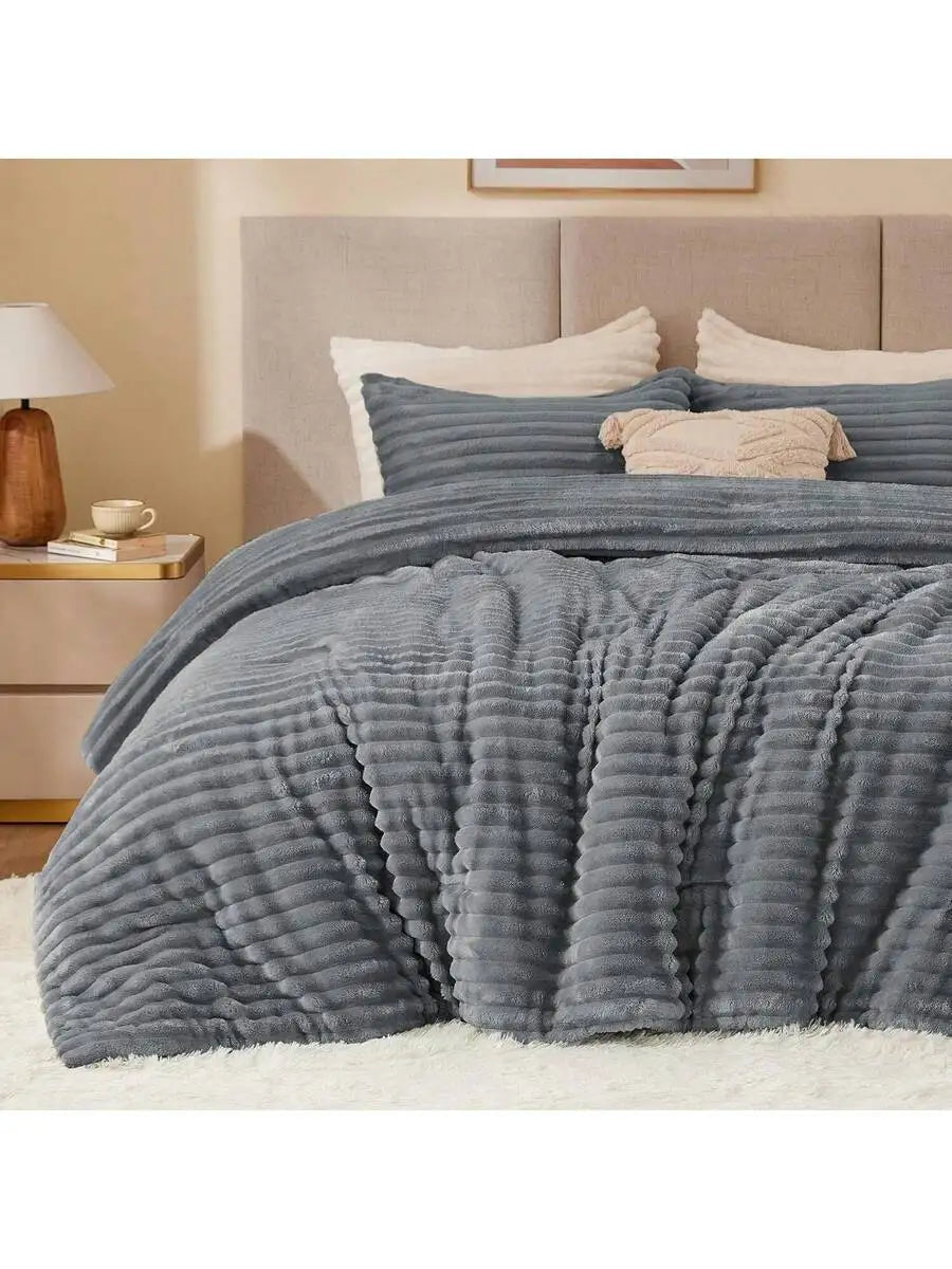 Fleece Comforter Set Super Soft Warm Fluffy Light Grey Bedding With 1 Pillowcase