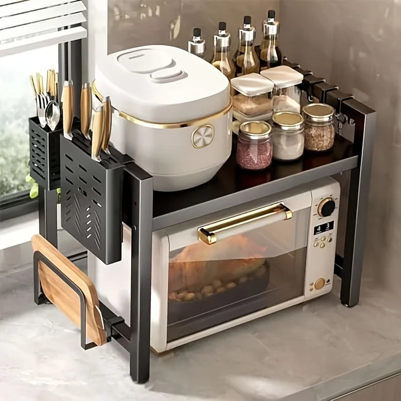 Height Adjustable Microwave Stand, Heavy Duty 2-Tier Kitchen Storage Rack with Hooks, Space Saving Countertop Organizer for Microwave, Air Fryer & Coffee Maker