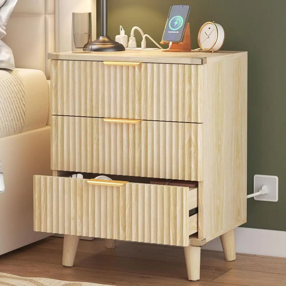 3-Piece Solid Wood Bedroom Set with Natural Oak Legs: 5-Drawer Dresser + 2 Nightstands