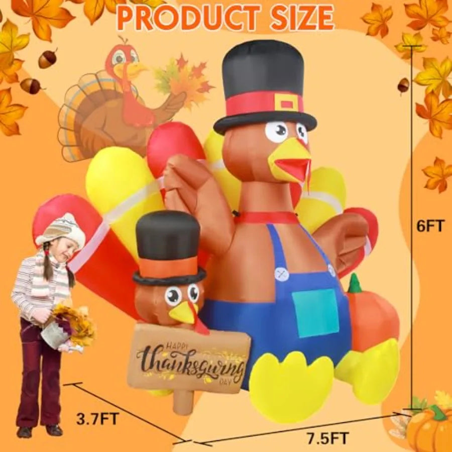 Thanksgiving Outdoor Inflatable Turkey Decoration, Vinyl, Brown, 7.5FT Tall With Built-in LED Light For Lawn And Indoor Use