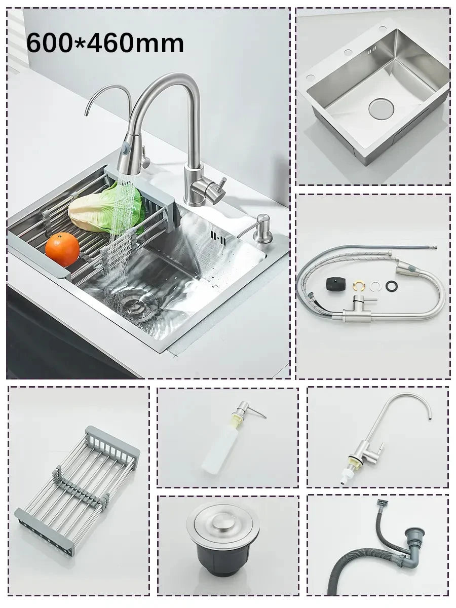 Stainless Steel Kitchen Sink Large Integrated Faucet Sink Dish Basin With Drain Basket Soap Dispenser/Pure Water/Cup Washer