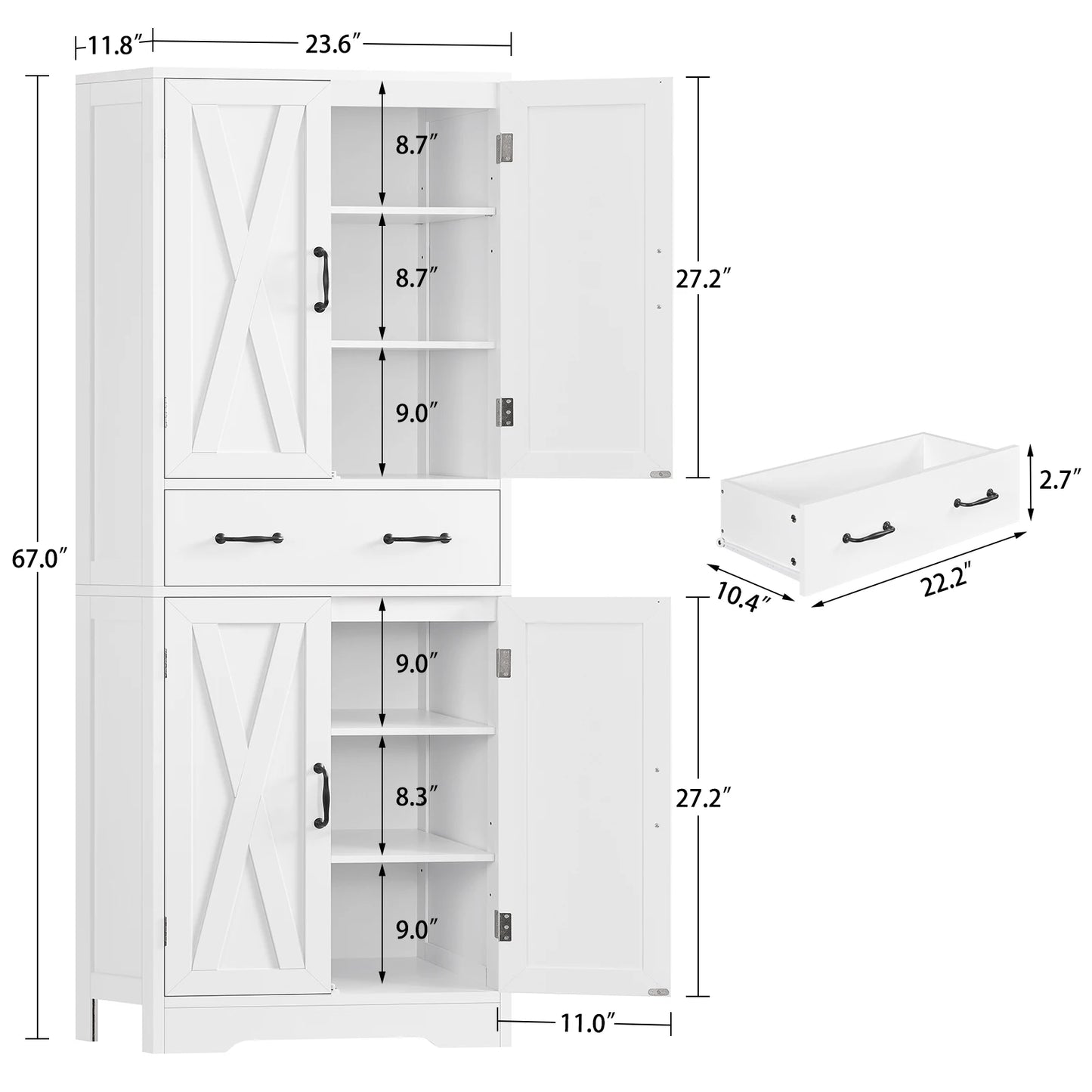 Tall Storage Cabinet with 4 Doors & 1 Large Drawer, Kitchen Pantry Cabinet , for Living Room, Kitchen, Bathroom, White