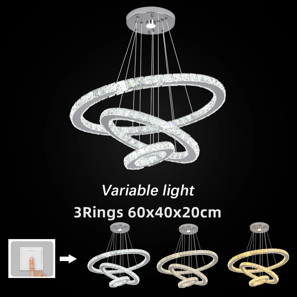 Modern Crystal Chrome Led Pendant Light Fixture Rings Adjustable Chandelier Dimming Lamp  for Living Room Bedroom Hanging Lustre