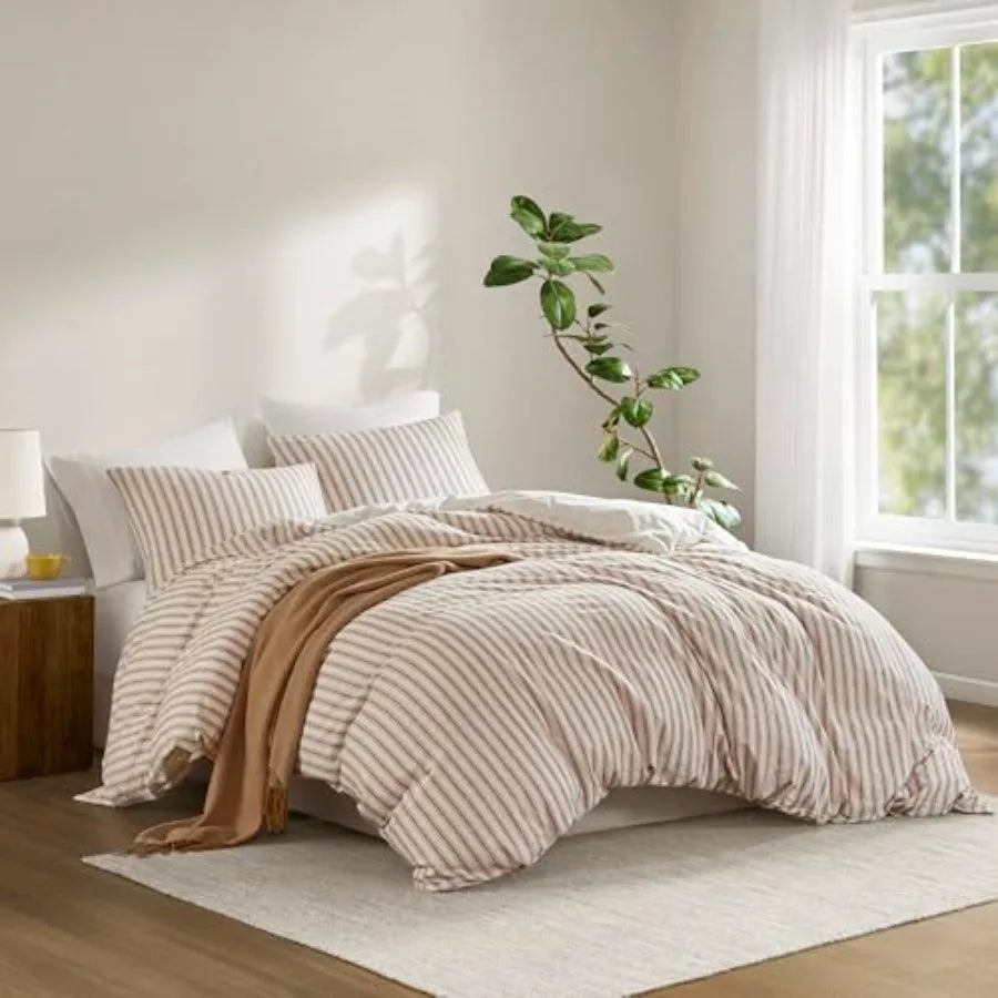 Duvet Cover Set for Hot Sleepers - Linen Cotton Rayon Blend Size 3 Pcs Set with Shams - Lightweight and Breathable Bedding Stri