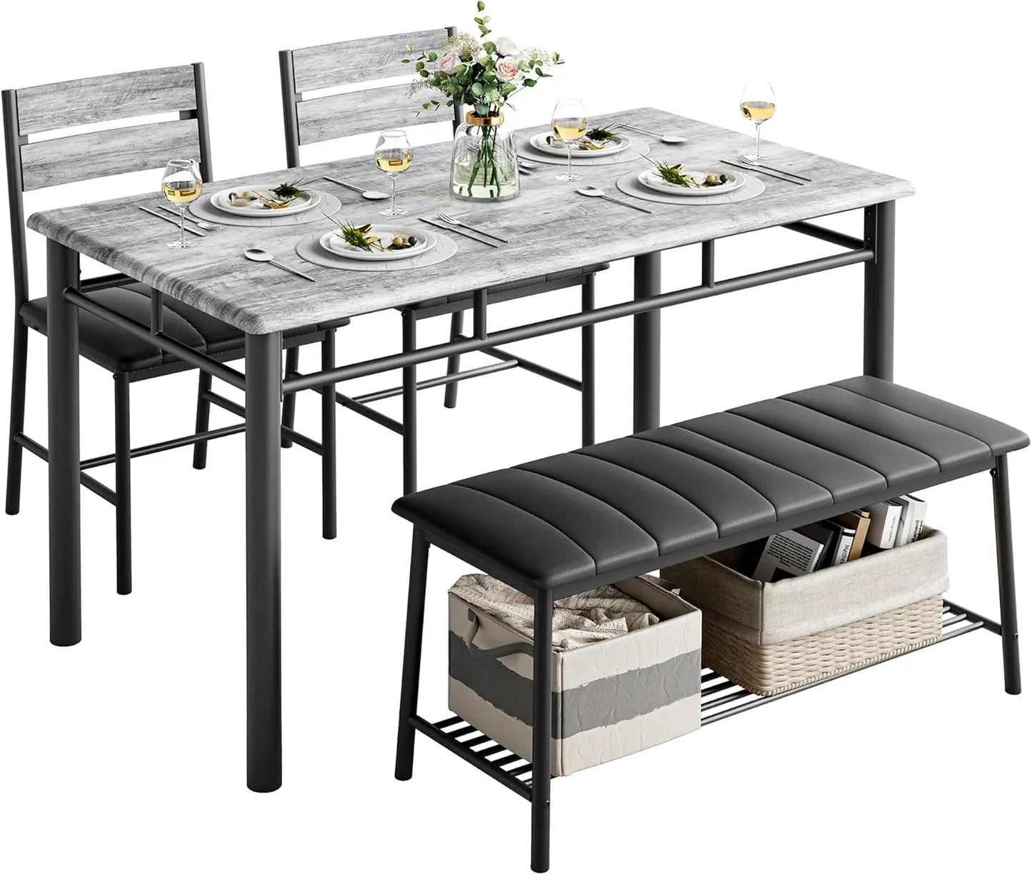 IRONCK Dining Table Set for 4, Kitchen Table with Upholstered Bench and 2 Chairs, Kitchen Table and Chairs Set for Small Space