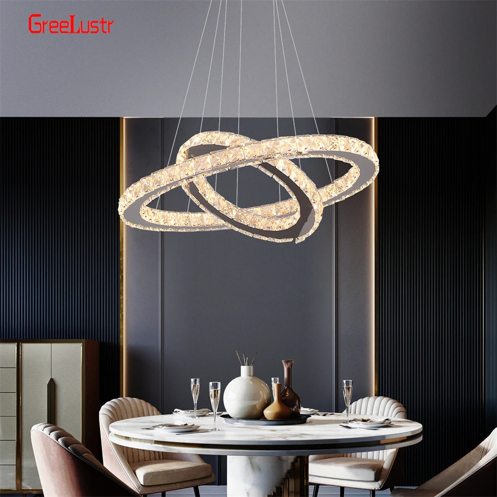 Modern Crystal Chrome Led Pendant Light Fixture Rings Adjustable Chandelier Dimming Lamp  for Living Room Bedroom Hanging Lustre