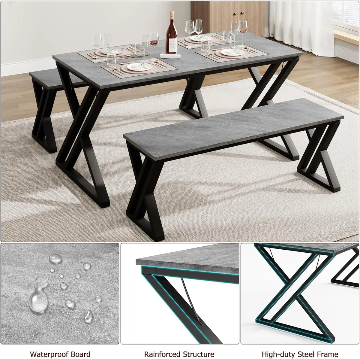 Kitchen Table Set with 2 Benches Space Saving Dining Room Table & Benches Sturdy Metal Frame Dinette Set for Home Grey