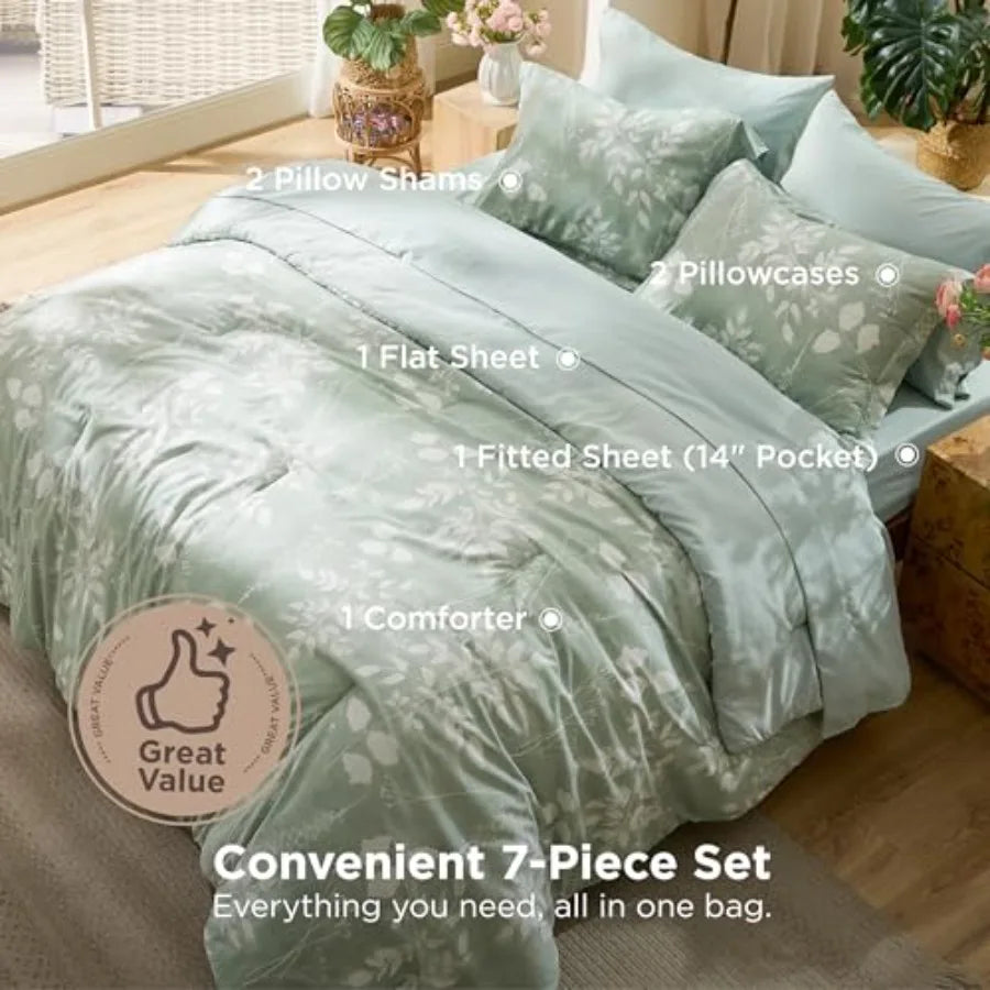 Comforter Set - 7 Pieces Floral Sage Green GentleSoft™ Bedding Sets, Bed in a Bag with Botanical Flowers Winter Comforter, Shee