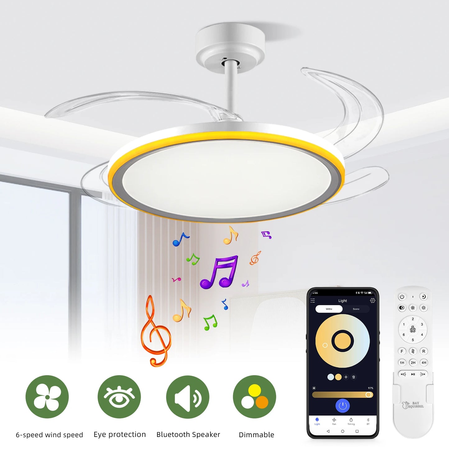 Slim Retractable Ceiling Fan With Light And App/Remote Control, 42Inch Modern Smart Ceiling Fan With Bluetooth Speaker, Dimmable Full Spectrum With Memory, 6-Speed Reversible Fan