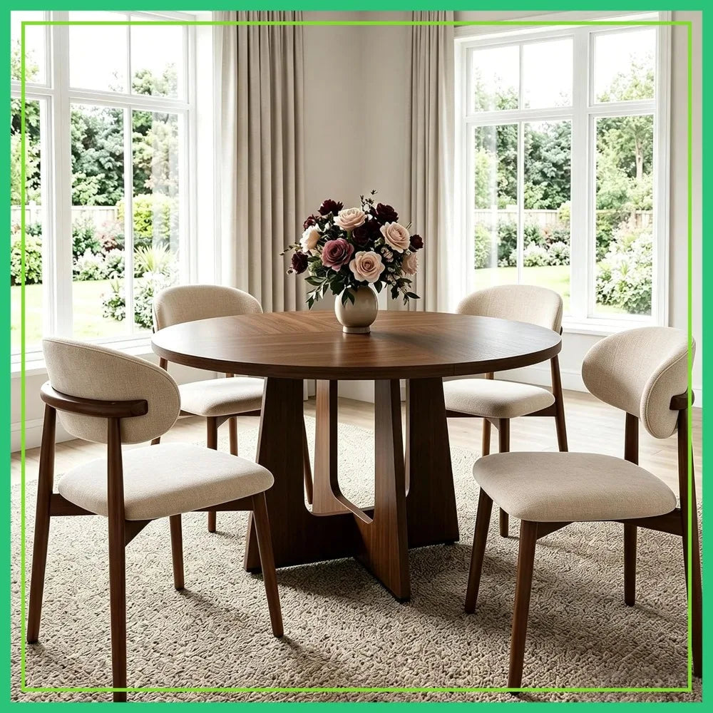 47" Round Dining Table Set for 4, 5 Pc Space Saving Kitchen Table & Chairs, Walnut Wood, Easy Clean
