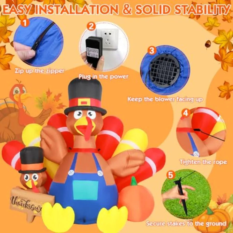 Thanksgiving Outdoor Inflatable Turkey Decoration, Vinyl, Brown, 7.5FT Tall With Built-in LED Light For Lawn And Indoor Use