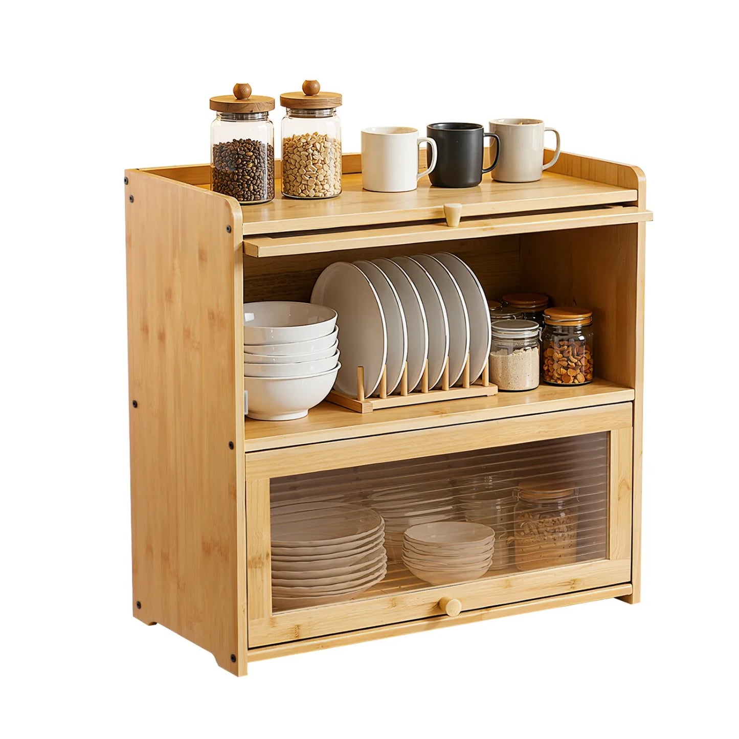 2-Tier Bamboo Storage Cabinet with Acrylic Doors,with Dustproof Design, Each Tier Bearing  About 33.07lbs, for Kitchen, Bathroom, Office