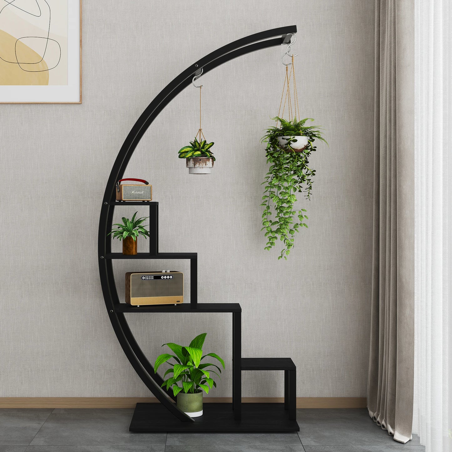 5-Tier Metal Plant Stand Indoor, Half Moon Shape Tall Garden Plant Holder, Round Flower Shelf Rack with 6 Hanging Hooks for Home